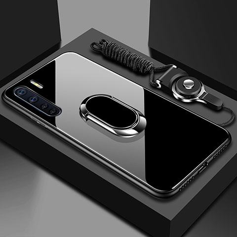 Oppo A91用ハイブリットバンパーケース プラスチック 鏡面 カバー アンド指輪 マグネット式 Oppo ブラック