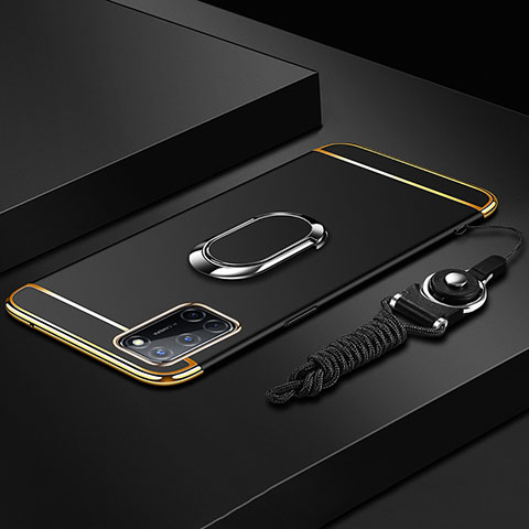 Oppo A92用ケース 高級感 手触り良い メタル兼プラスチック バンパー アンド指輪 亦 ひも Oppo ブラック