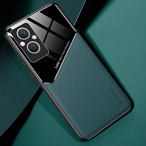 Oppo A96 5G用シリコンケース ソフトタッチラバー レザー柄 アンドマグネット式 Oppo グリーン