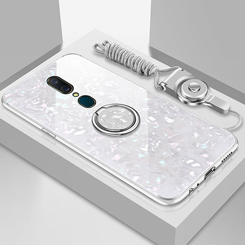 Oppo A9X用ハイブリットバンパーケース プラスチック 鏡面 カバー アンド指輪 マグネット式 Oppo ホワイト