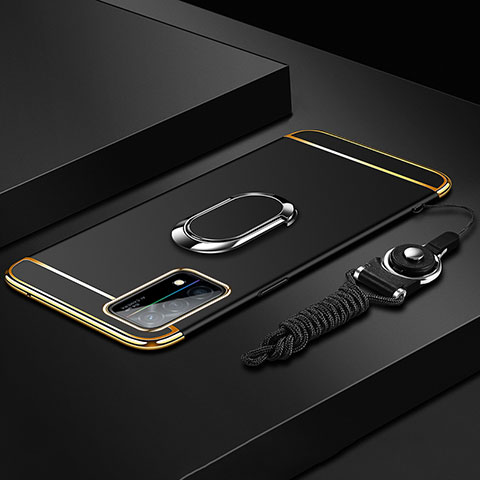 Oppo K9 5G用ケース 高級感 手触り良い メタル兼プラスチック バンパー アンド指輪 亦 ひも Oppo ブラック