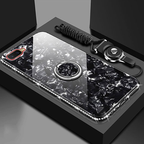 Oppo R17 Neo用ハイブリットバンパーケース プラスチック 鏡面 カバー アンド指輪 マグネット式 T01 Oppo ブラック