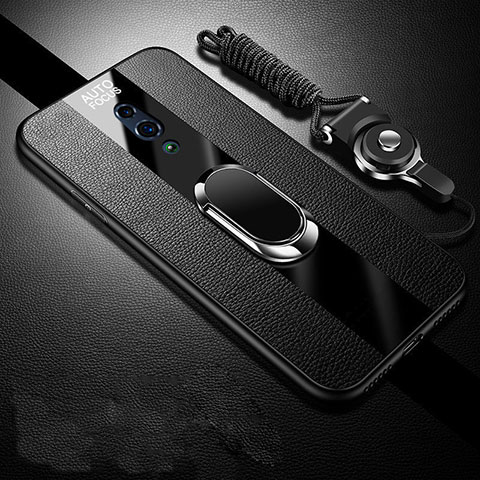 Oppo Realme X用シリコンケース ソフトタッチラバー レザー柄 アンド指輪 マグネット式 A01 Oppo ブラック