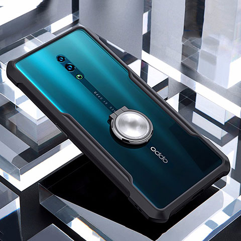 Oppo Reno用360度 フルカバーハイブリットバンパーケース クリア透明 プラスチック 鏡面 アンド指輪 マグネット式 Oppo ブラック