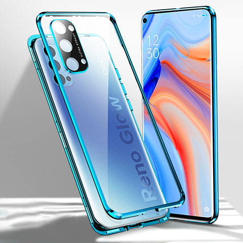 Oppo Reno4 5G用ケース 高級感 手触り良い アルミメタル 製の金属製 360度 フルカバーバンパー 鏡面 カバー Oppo ネイビー