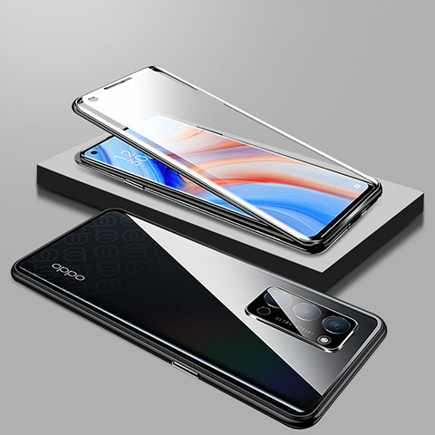 Oppo Reno4 5G用ケース 高級感 手触り良い アルミメタル 製の金属製 360度 フルカバーバンパー 鏡面 カバー T01 Oppo ブラック