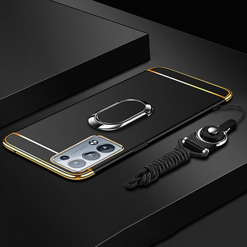 Oppo Reno6 Pro+ Plus 5G用ケース 高級感 手触り良い メタル兼プラスチック バンパー アンド指輪 Oppo ブラック