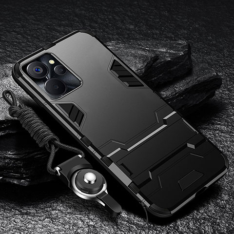 Realme 10T 5G用ハイブリットバンパーケース スタンド プラスチック 兼シリコーン カバー R01 Realme ブラック