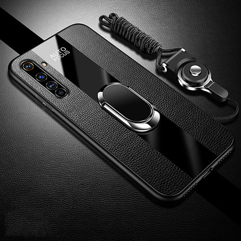 Realme X50 Pro 5G用シリコンケース ソフトタッチラバー レザー柄 アンド指輪 マグネット式 S01 Realme ブラック