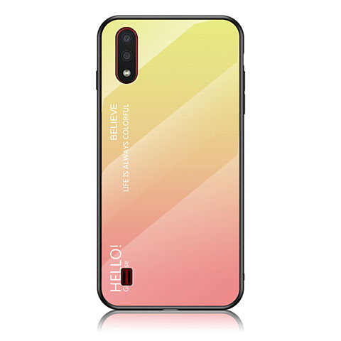 Samsung Galaxy A01 SM-A015用ハイブリットバンパーケース プラスチック 鏡面 虹 グラデーション 勾配色 カバー M01 サムスン イエロー
