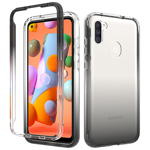 Samsung Galaxy A11用前面と背面 360度 フルカバー 極薄ソフトケース シリコンケース 耐衝撃 全面保護 バンパー 勾配色 透明 サムスン ダークグレー