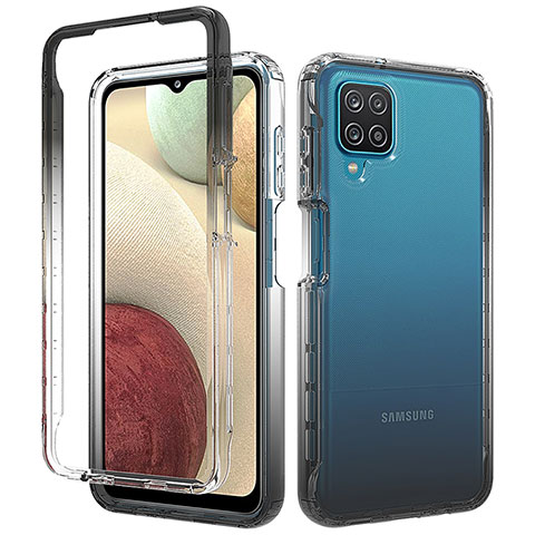 Samsung Galaxy A12 Nacho用前面と背面 360度 フルカバー 極薄ソフトケース シリコンケース 耐衝撃 全面保護 バンパー 勾配色 透明 サムスン ダークグレー