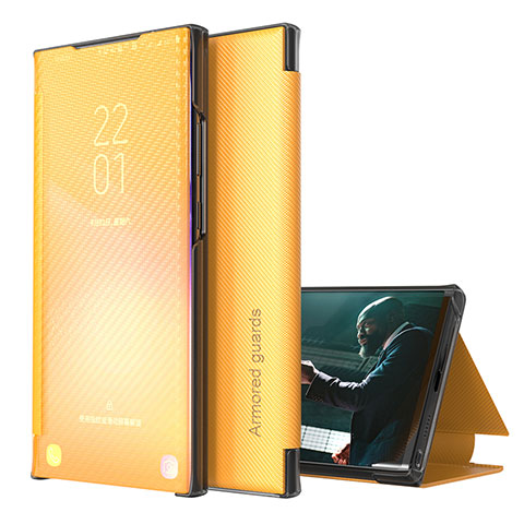 Samsung Galaxy A21s用手帳型 レザーケース スタンド カバー ZL1 サムスン イエロー