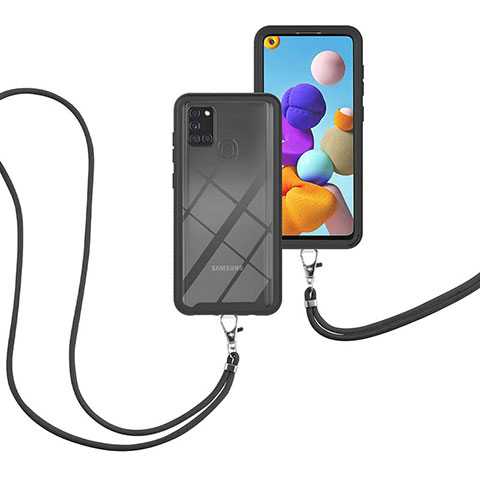 Samsung Galaxy A21s用ハイブリットバンパーケース プラスチック 兼シリコーン カバー 前面と背面 360度 フル 携帯ストラップ サムスン ブラック