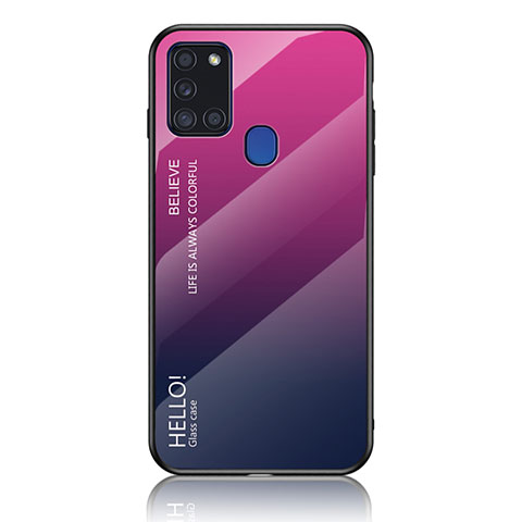 Samsung Galaxy A21s用ハイブリットバンパーケース プラスチック 鏡面 虹 グラデーション 勾配色 カバー LS1 サムスン ローズレッド