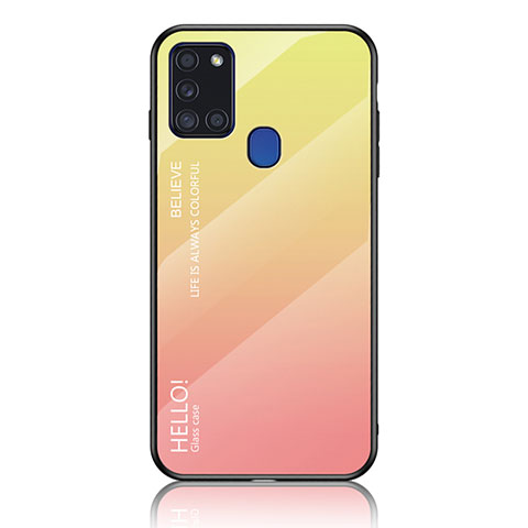 Samsung Galaxy A21s用ハイブリットバンパーケース プラスチック 鏡面 虹 グラデーション 勾配色 カバー LS1 サムスン イエロー
