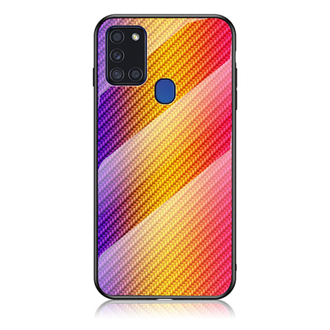 Samsung Galaxy A21s用ハイブリットバンパーケース プラスチック 鏡面 虹 グラデーション 勾配色 カバー LS2 サムスン オレンジ