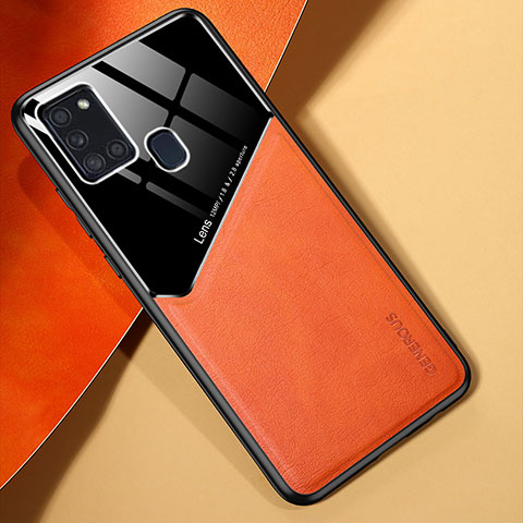 Samsung Galaxy A21s用シリコンケース ソフトタッチラバー レザー柄 アンドマグネット式 サムスン オレンジ