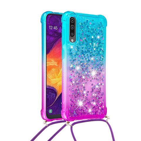 Samsung Galaxy A30S用シリコンケース ソフトタッチラバー ブリンブリン カバー 携帯ストラップ S01 サムスン ブルー