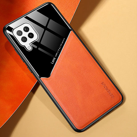 Samsung Galaxy A42 5G用シリコンケース ソフトタッチラバー レザー柄 アンドマグネット式 サムスン オレンジ
