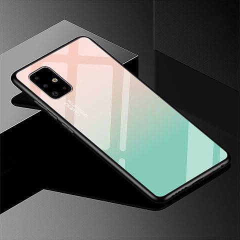 Samsung Galaxy A51 5G用ハイブリットバンパーケース プラスチック 鏡面 虹 グラデーション 勾配色 カバー サムスン シアン