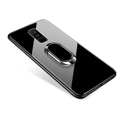 Samsung Galaxy A6 Plus (2018)用ハイブリットバンパーケース プラスチック 鏡面 カバー アンド指輪 サムスン ブラック