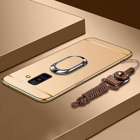 Samsung Galaxy A6 Plus (2018)用ケース 高級感 手触り良い メタル兼プラスチック バンパー アンド指輪 亦 ひも サムスン ゴールド