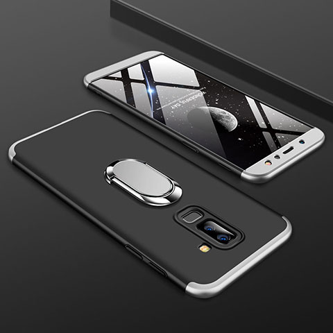 Samsung Galaxy A6 Plus用ハードケース プラスチック 質感もマット 前面と背面 360度 フルカバー アンド指輪 サムスン シルバー