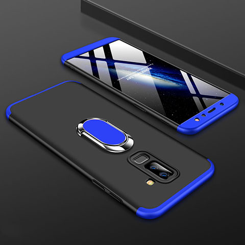 Samsung Galaxy A6 Plus用ハードケース プラスチック 質感もマット 前面と背面 360度 フルカバー アンド指輪 サムスン ネイビー・ブラック