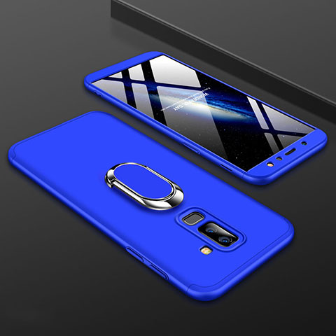 Samsung Galaxy A6 Plus用ハードケース プラスチック 質感もマット 前面と背面 360度 フルカバー アンド指輪 サムスン ネイビー