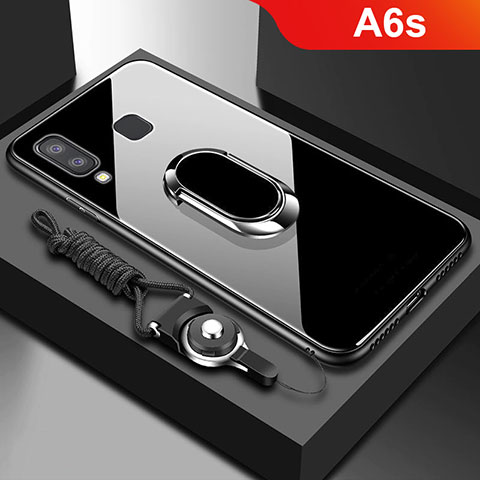 Samsung Galaxy A6s用360度 フルカバーハイブリットバンパーケース クリア透明 プラスチック 鏡面 アンド指輪 マグネット式 サムスン ブラック