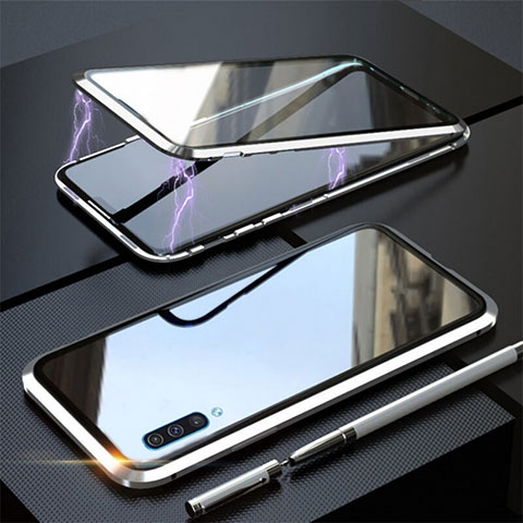 Samsung Galaxy A70用ケース 高級感 手触り良い アルミメタル 製の金属製 360度 フルカバーバンパー 鏡面 カバー T02 サムスン シルバー
