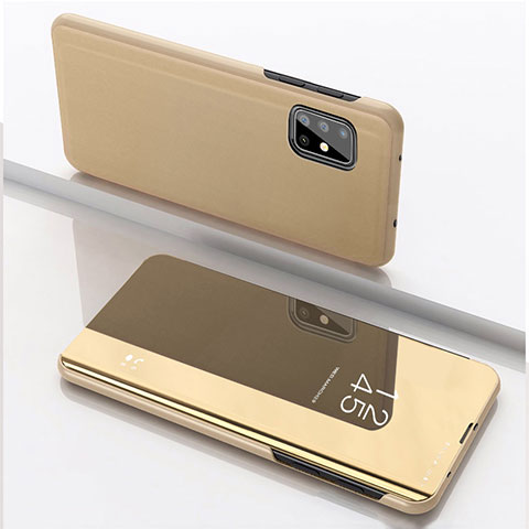 Samsung Galaxy A71 5G用手帳型 レザーケース スタンド 鏡面 カバー サムスン ゴールド