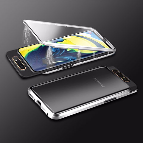 Samsung Galaxy A80用ケース 高級感 手触り良い アルミメタル 製の金属製 360度 フルカバーバンパー 鏡面 カバー M01 サムスン シルバー