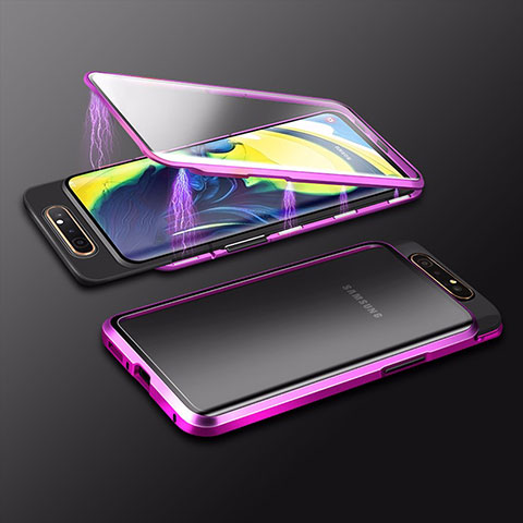 Samsung Galaxy A80用ケース 高級感 手触り良い アルミメタル 製の金属製 360度 フルカバーバンパー 鏡面 カバー M01 サムスン パープル