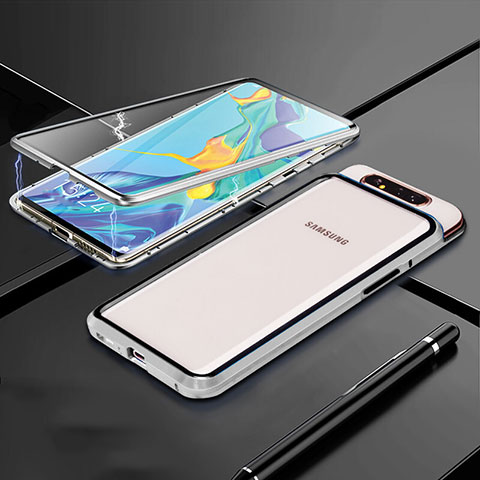 Samsung Galaxy A80用ケース 高級感 手触り良い アルミメタル 製の金属製 360度 フルカバーバンパー 鏡面 カバー T01 サムスン シルバー