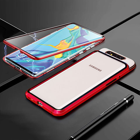 Samsung Galaxy A80用ケース 高級感 手触り良い アルミメタル 製の金属製 360度 フルカバーバンパー 鏡面 カバー T01 サムスン レッド
