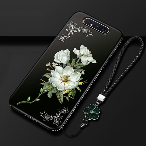 Samsung Galaxy A80用シリコンケース ソフトタッチラバー 花 カバー S06 サムスン ブラック