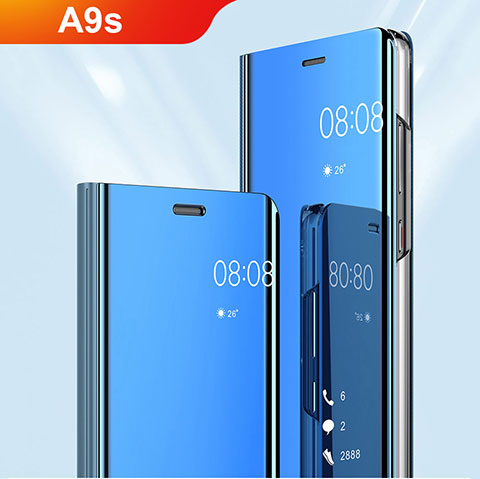 Samsung Galaxy A9s用手帳型 レザーケース スタンド カバー 鏡面 カバー サムスン ブルー