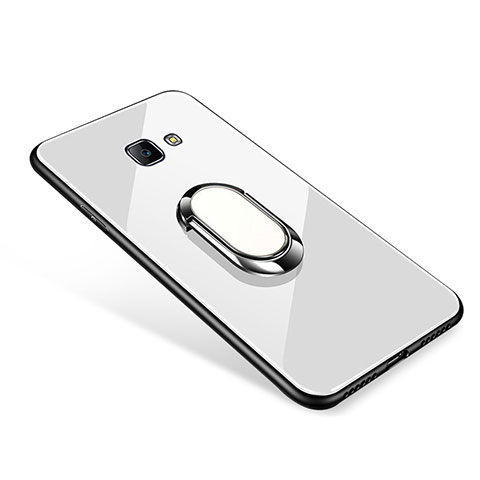 Samsung Galaxy J7 Prime用ハイブリットバンパーケース プラスチック 鏡面 カバー アンド指輪 サムスン ホワイト