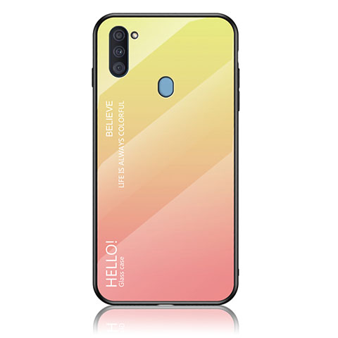 Samsung Galaxy M11用ハイブリットバンパーケース プラスチック 鏡面 虹 グラデーション 勾配色 カバー LS1 サムスン イエロー