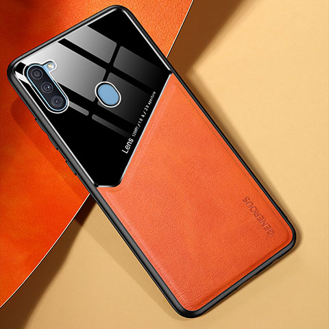 Samsung Galaxy M11用シリコンケース ソフトタッチラバー レザー柄 アンドマグネット式 サムスン オレンジ