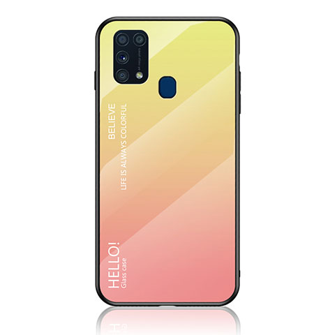 Samsung Galaxy M21s用ハイブリットバンパーケース プラスチック 鏡面 虹 グラデーション 勾配色 カバー LS1 サムスン イエロー