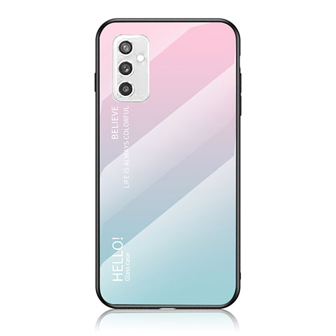 Samsung Galaxy M52 5G用ハイブリットバンパーケース プラスチック 鏡面 虹 グラデーション 勾配色 カバー LS1 サムスン シアン