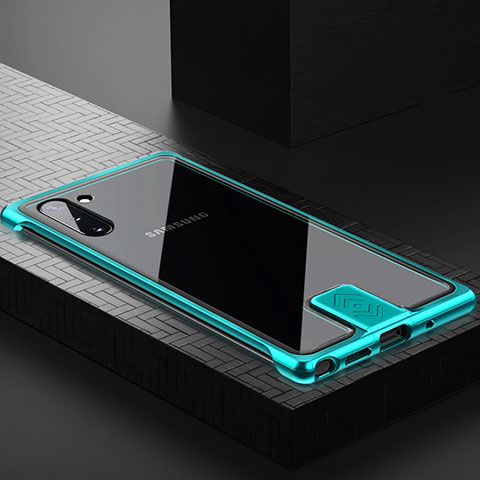 Samsung Galaxy Note 10用ケース 高級感 手触り良い アルミメタル 製の金属製 360度 フルカバーバンパー 鏡面 カバー M05 サムスン シアン
