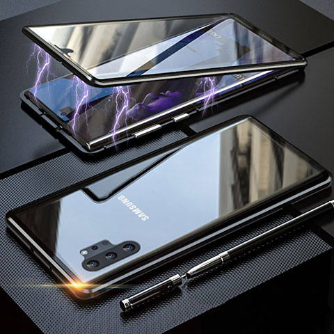 Samsung Galaxy Note 10 Plus 5G用ケース 高級感 手触り良い アルミメタル 製の金属製 360度 フルカバーバンパー 鏡面 カバー M01 サムスン ブラック