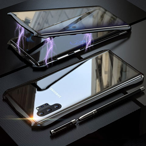 Samsung Galaxy Note 10 Plus用ケース 高級感 手触り良い アルミメタル 製の金属製 360度 フルカバーバンパー 鏡面 カバー M02 サムスン ブラック