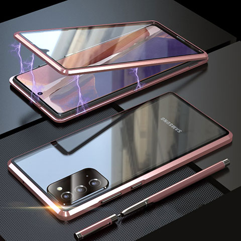 Samsung Galaxy Note 20 5G用ケース 高級感 手触り良い アルミメタル 製の金属製 360度 フルカバーバンパー 鏡面 カバー T01 サムスン ピンク