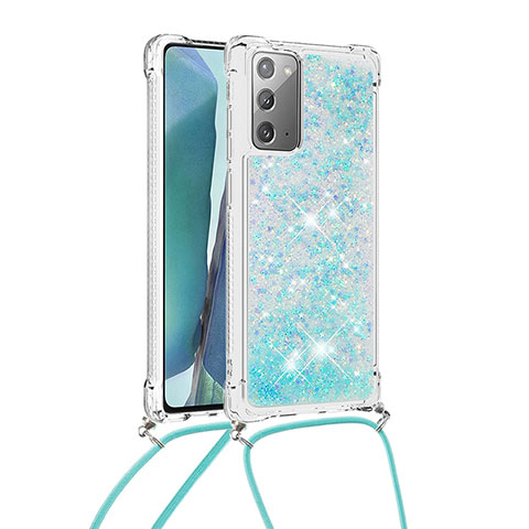 Samsung Galaxy Note 20 5G用シリコンケース ソフトタッチラバー ブリンブリン カバー 携帯ストラップ S03 サムスン ブルー