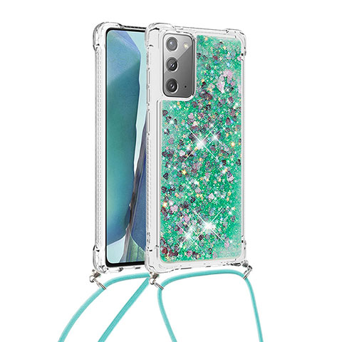 Samsung Galaxy Note 20 5G用シリコンケース ソフトタッチラバー ブリンブリン カバー 携帯ストラップ S03 サムスン グリーン